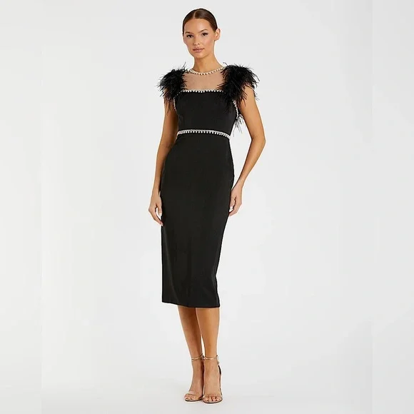 Mac Duggal Black Feather Cap Sleeve Pearl Embellished Midi Formal Dress | 2 - Picture 4 of 13